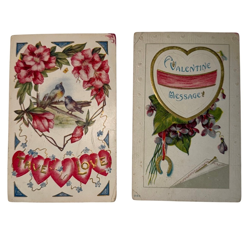 VTG Postcards Lot 2 Multicolor Good Embossed Birds Hearts Valentine